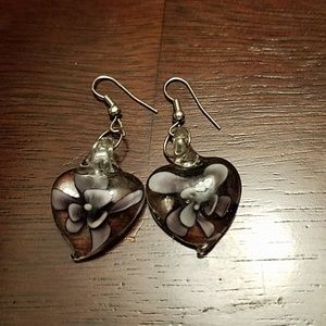 Glass heart and flower purple earrings